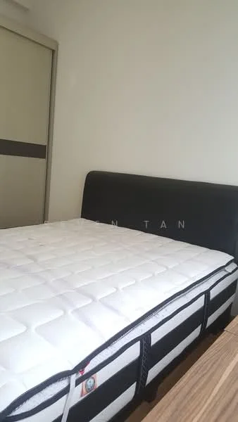 Bedroom features: black upholstered headboard, queen-size bed with mattress, light-colored walls, wooden bedside table, sliding door wardrobe, natural light from window, minimalist decor; style: modern.