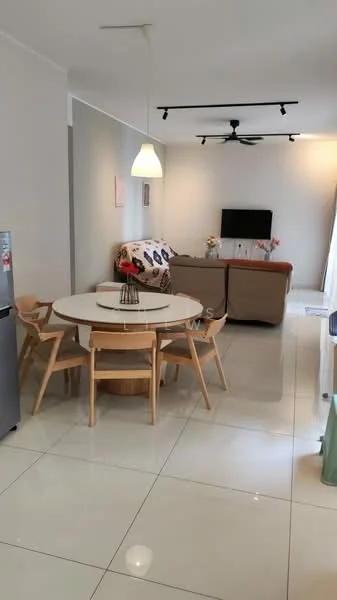 Dining features: round dining table, 6 wooden dining chairs, pendant lamp, white walls, glossy tile flooring, floor-to-ceiling windows, sofa in beige, wall-mounted TV, decorative flowers, refrigerator, ceiling fan with light; style: modern. Living features: sofa in beige, wall-mounted TV, decorative flowers; style: modern.