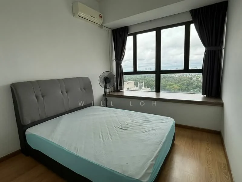 Bedroom features: queen-size bed, upholstered headboard, wooden flooring, floor-to-ceiling windows, blackout curtains, wall-mounted air conditioning unit, ceiling fan, window view of greenery; style: modern; view: garden.