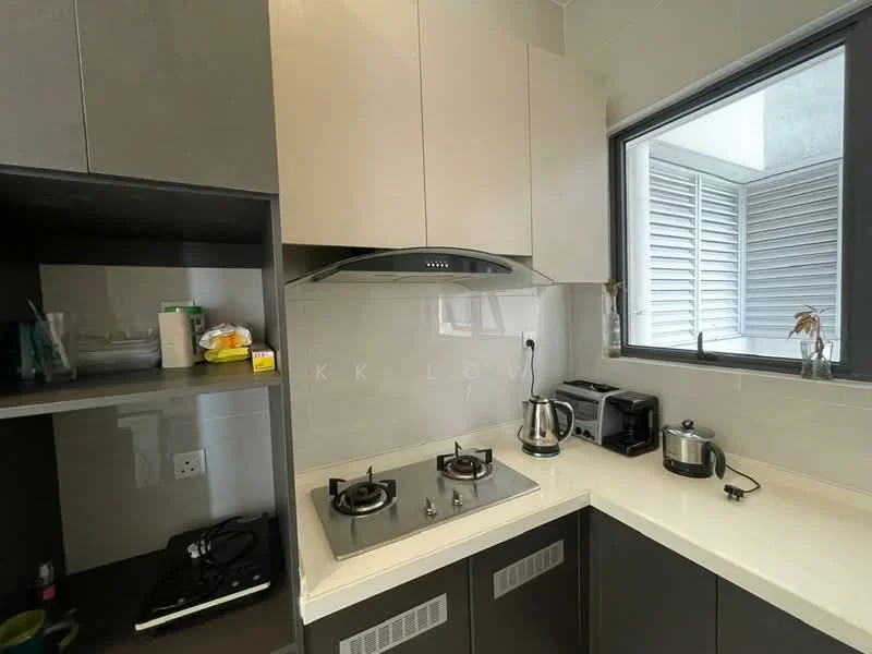Kitchen features: grey cabinetry, white countertop, built-in gas hob with two burners, stainless-steel range hood, black microwave, stainless-steel kettle, black toaster, open shelving, window with louvered shutters, tile backsplash, sink, wall-mounted storage, light-colored walls, recessed lighting; style: modern.