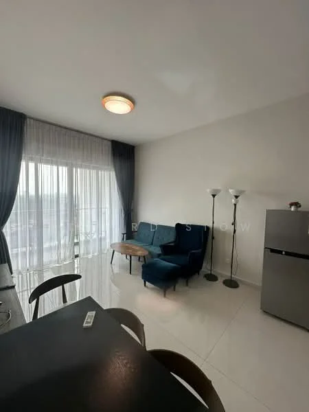 Living features: floor-to-ceiling windows, sheer curtains, 2-seater blue fabric sofa, 1 armchair in blue, 2 floor lamps, white painted walls, recessed ceiling light, white tile flooring, stainless-steel fridge, dining table with chairs; style: modern; view: city.
