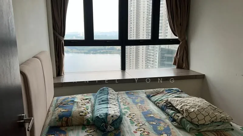 Bedroom features: king-size bed, upholstered headboard, bedding with colorful patterns, floor-to-ceiling windows, curtains, wooden window ledge, view of the city skyline, decorative pillows; style: modern; view: city.