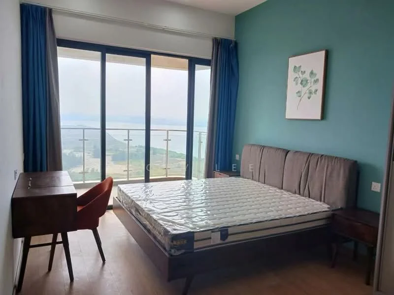 Bedroom features: king-size bed, upholstered headboard, wooden bedside tables, orange accent chair, floor-to-ceiling windows, blue painted walls, wooden flooring, curtains, decorative wall art, view of landscape; style: modern; view: landscape.