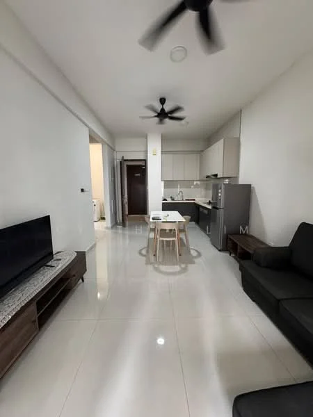 Living features: 3-seater fabric sofa in black, coffee table, wall-mounted TV, TV console, ceiling fan, white painted walls, polished tile flooring, recessed downlights; style: modern. Kitchen features: kitchen cabinets in light color, stainless-steel fridge, built-in oven, 4-burner gas hob, single-bowl stainless-steel sink, chrome pull-down faucet, white subway tile backsplash, countertop in light color; style: modern.