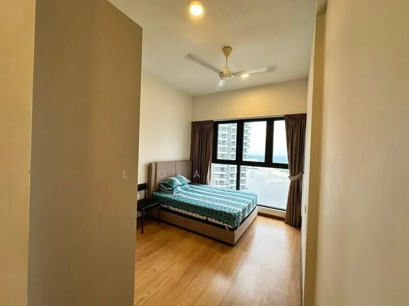 Bedroom features: king-size bed, upholstered headboard, bedside table, floor-to-ceiling windows, curtains, ceiling fan, wooden flooring, neutral painted walls; style: modern; view: city.