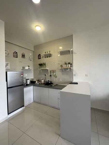 Kitchen features: grey cabinetry, white countertop, stainless-steel fridge, built-in sink, single-bowl stainless-steel sink, chrome pull-down faucet, open shelving, ceramic tile flooring, recessed downlights, wall-mounted decor, neutral wall color; style: modern.
