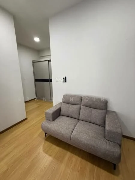 Living features: grey fabric sofa, light wood flooring, white painted walls, recessed ceiling lights, sliding glass door, wall-mounted intercom, open layout, neutral decor; style: modern.