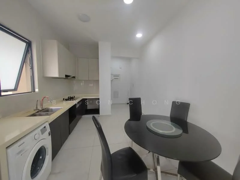 Kitchen features: single-bowl stainless-steel sink, chrome pull-down faucet, laminate countertop, white cabinetry, built-in oven, stainless-steel washing machine, ceramic tile flooring, recessed downlights, round dining table, 4 black dining chairs, window with black frame; style: modern.