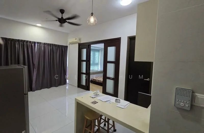 Room features: white tiled flooring, ceiling fan, recessed downlights, grey curtains, kitchen island with countertop, stainless-steel fridge, glass door, wooden door, wall-mounted intercom, open layout; style: modern.