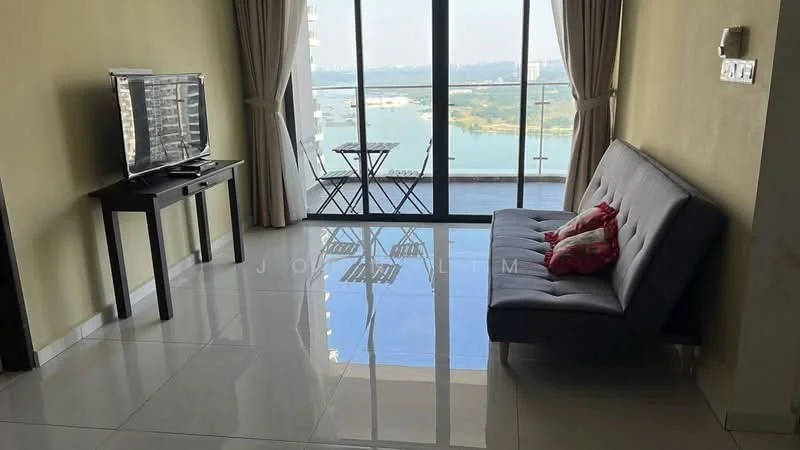 Living features: grey fabric sofa, black wooden coffee table, floor-to-ceiling windows, sliding glass door, white sheer curtains, white painted walls, glossy tile flooring, decorative cushions, small outdoor balcony table, city view; style: modern; view: city.