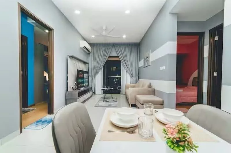 Living features: grey painted walls, white ceiling, 5-blade ceiling fan with light, floor-to-ceiling windows, sliding glass door, curtains, TV console, wall-mounted TV, sofa in light beige, area rug, coffee table, decorative plant, dining table with plates and glasses; style: modern. Room features: blue painted wall, wood flooring.