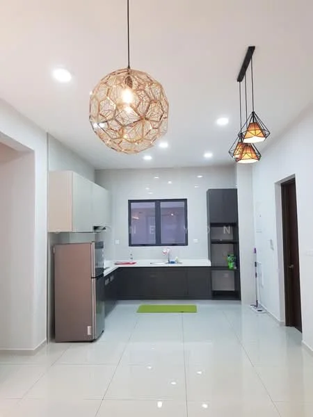 Kitchen features: white painted walls, glossy tile flooring, recessed LED downlights, pendant lamp with geometric design, stainless-steel fridge, built-in kitchen cabinets in grey, white countertop, single-bowl stainless-steel sink, chrome pull-down faucet, window above sink, green area rug; style: modern.