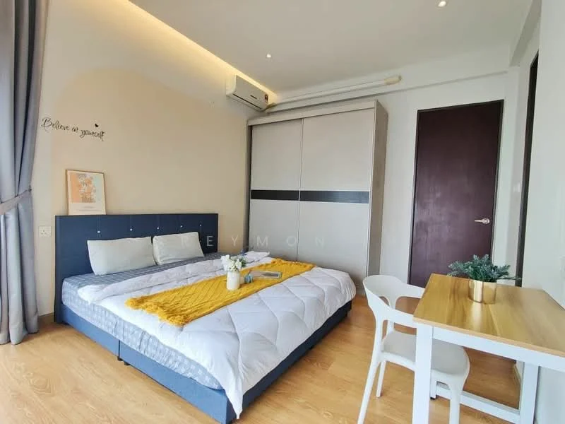 Bedroom features: queen-size bed with upholstered headboard, white bedding with yellow throw blanket, wooden flooring, built-in wardrobe with sliding doors, wall-mounted air conditioning unit, decorative wall art, curtains, small dining table with white chair, houseplant in ceramic pot, recessed ceiling lights; style: modern.