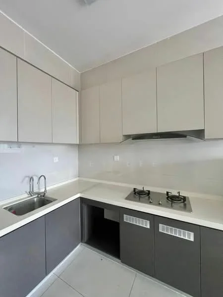 Kitchen features: L-shaped kitchen layout, light grey cabinetry, dark grey lower cabinets, white countertop, double-bowl stainless-steel sink, chrome pull-down faucet, built-in gas hob with two burners, exhaust hood, wall-mounted cabinets, ceramic tile flooring, neutral wall color, no visible appliances; style: modern.