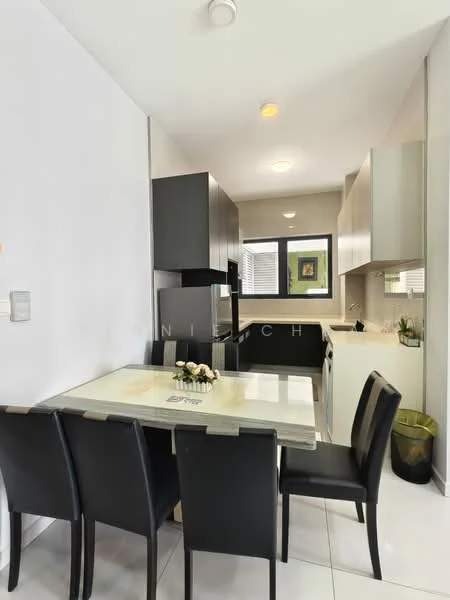 Dining features: 4-seater dining table, black dining chairs, white table top, light grey walls, recessed ceiling lights, kitchen cabinetry in black, kitchen countertop in light colour, window with view to outside, decorative plant on countertop, bin in corner; style: modern. Kitchen features: black cabinetry, light-coloured countertop, built-in kitchen appliances, wall-mounted cabinets, white tiled backsplash, sink with faucet, recessed lighting; style: modern.