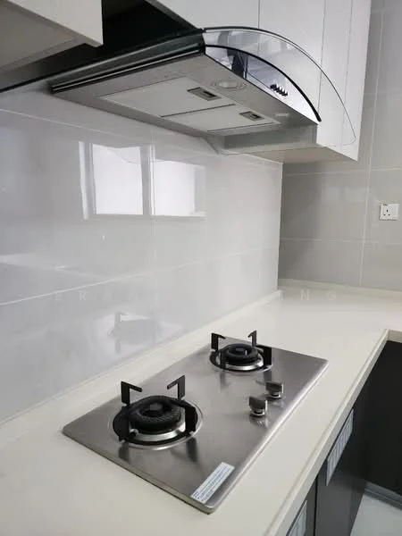 Kitchen features: stainless-steel gas hob with two burners, stainless-steel range hood, white countertop, grey tiled backsplash, white cabinetry, built-in cabinetry, under-cabinet lighting; style: modern.