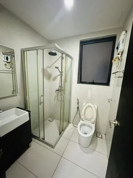 Bathroom features: glass shower enclosure, rain shower head, handheld shower, white ceramic toilet, single-sink vanity with dark wood cabinet, mirror above vanity, white tiled flooring, grey painted walls, black window frame, recessed ceiling lights; style: modern.