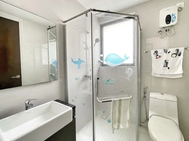 Bathroom features: glass shower enclosure, rain shower head, handheld shower, white ceramic toilet, single-sink vanity with modern design, chrome basin mixer, mirror with frame, white tiled walls, white tiled flooring, decorative wall with fish pattern, towel rack, hanging towel, wall-mounted water heater; style: modern.