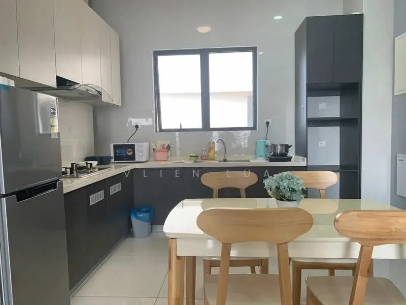 Kitchen features: grey cabinetry, white countertops, stainless-steel fridge, built-in stove, kitchen sink, window above sink, dining table with four chairs, ceramic tile flooring, wall-mounted cabinets, kettle on countertop, cutlery holder, dish soap dispenser, decorative plant on table; style: modern.