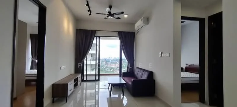 Living features: 5-blade ceiling fan with light, floor-to-ceiling windows, grey fabric sofa, TV console, marble tile flooring, white painted walls, curtains, air conditioning unit, decorative wall art; style: modern; view: city. Room features: white painted walls, wooden door, doorway to bedroom, doorway to bathroom.