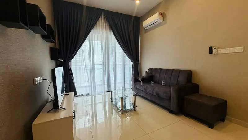 Living features: 3-seater fabric sofa in dark grey, glass coffee table, wall-mounted TV, floor-to-ceiling windows, sheer curtains, blackout curtains, 1 wall-mounted split AC, glossy tile flooring, decorative wall shelves, light grey accent wall; style: modern; view: city.