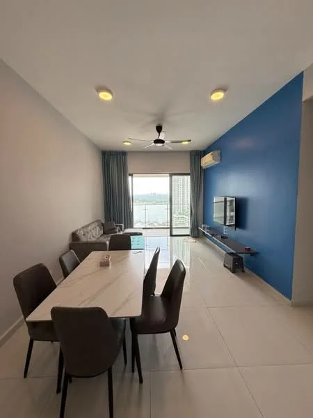 Living features: marble tile flooring, blue accent wall, white painted walls, 5-blade ceiling fan with light, sofa in grey fabric, 6-seater dining table with marble top, upholstered dining chairs, wall-mounted TV, TV console, floor-to-ceiling windows, curtains, decorative items on table; style: modern; view: city.