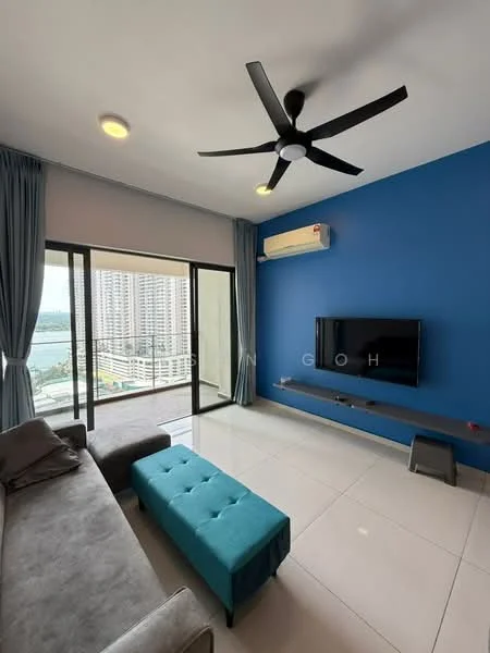 Living features: grey fabric sofa, turquoise ottoman, wall-mounted TV, ceiling fan with light, floor-to-ceiling windows, blue accent wall, light grey curtains, white tiled flooring, air conditioning unit; style: modern; view: city.