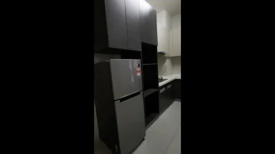 Kitchen features: grey cabinetry, white upper cabinets, stainless-steel fridge, built-in oven, ceramic tile flooring, white countertop, kitchen sink, modern faucet, wall-mounted range hood, open shelving; style: modern.