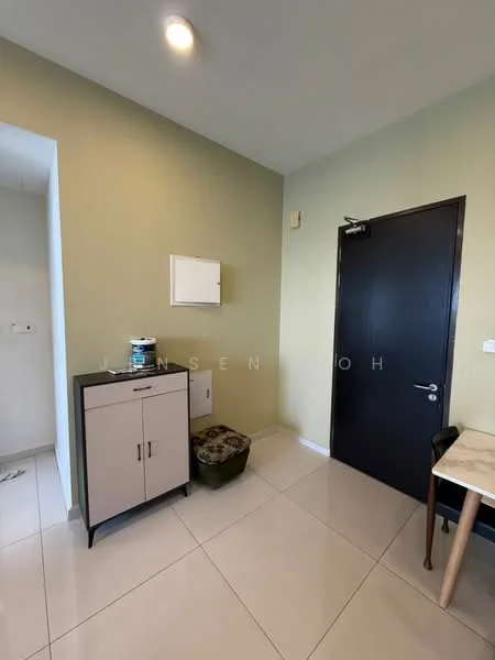 Room features: light green painted walls, white walls, glossy white tile flooring, dark wood door, black door handle, small wall-mounted mirror, cabinet with two doors, decorative box or storage container, table with a light-colored top, chair, wall socket; style: modern.