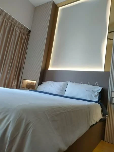 Bedroom features: king-size bed with white bedding, upholstered headboard, bedside table with lamp, curtains in beige, accent wall with LED lighting, wooden flooring, recessed ceiling lights, decorative wall paneling; style: modern.