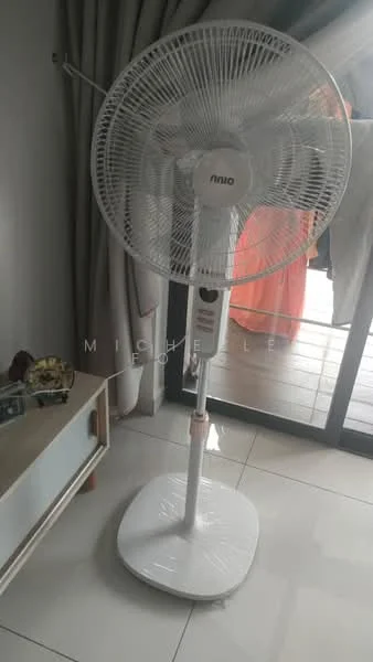 Room features: white standing fan, sliding glass door, curtains, tile flooring, decorative items on side table, natural light from window.