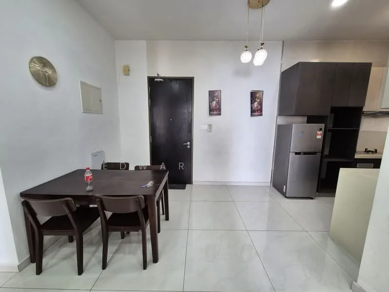 Dining features: 4-seater dining table, wooden dining chairs, white painted walls, tile flooring, clock on wall, framed artwork on wall, refrigerator, kitchen cabinetry, countertop, door to hallway; style: modern.