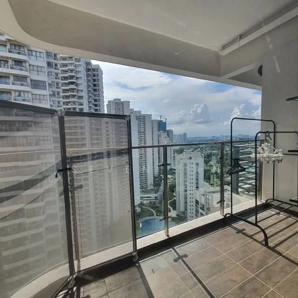 Balcony features: glass railing, tile flooring, city skyline view, outdoor drying rack, space for outdoor furniture; style: modern; view: city.
