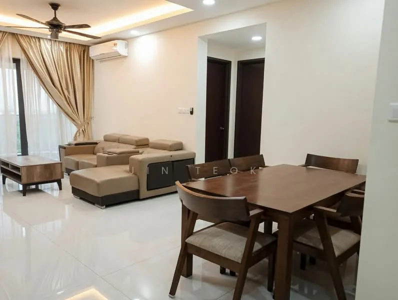 Living features: 3-seater fabric sofa in beige, 2-seater leather sofa, wooden coffee table, dining table with 4 chairs, white painted walls, recessed downlights, floor-to-ceiling windows with sheer curtains, marble tile flooring, wall-mounted split AC, ceiling fan; style: modern.