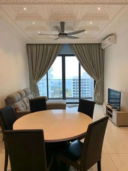 Living features: 5-blade ceiling fan with light, floor-to-ceiling windows, grey fabric sofa, round dining table, 4 black upholstered dining chairs, cream tiled flooring, decorative ceiling with intricate design, wall-mounted TV, curtains, air conditioning unit; style: modern; view: sea.
