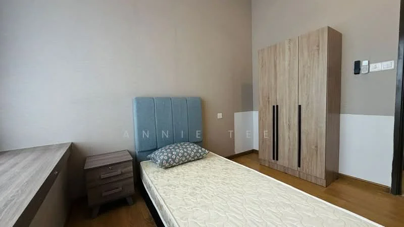 Bedroom features: single bed with upholstered headboard, mattress on bed frame, wooden flooring, light brown wardrobe with two doors, nightstand with drawer, decorative pillow on bed, painted walls in neutral color, wall-mounted light switch, window with no visible treatment; style: modern.