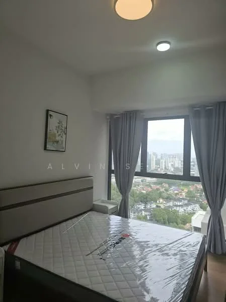 Bedroom features: floor-to-ceiling windows, grey curtains, white painted walls, recessed LED downlights, queen-size bed, upholstered headboard, mattress on bed frame, decorative artwork on wall, city view from window; style: modern; view: city.
