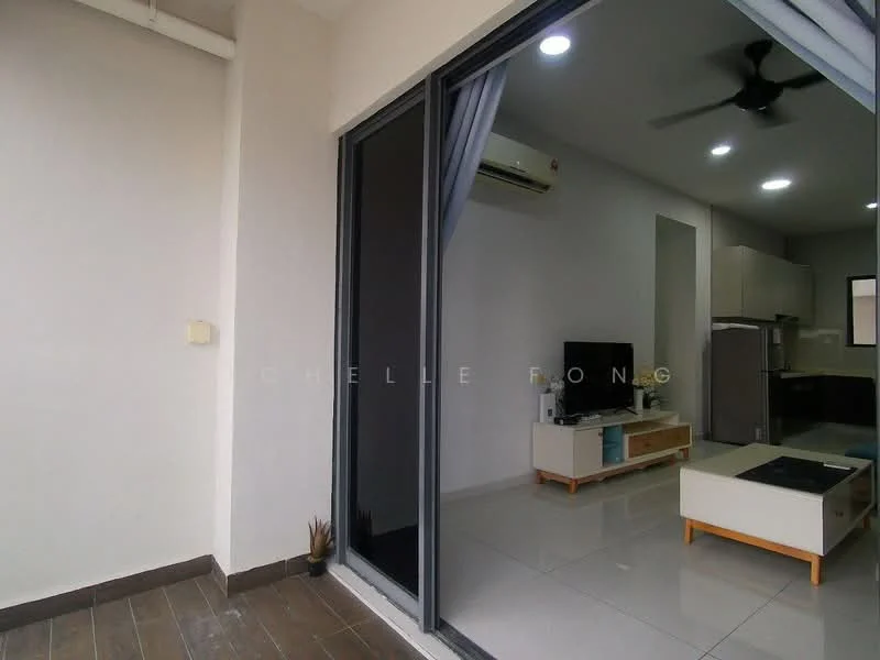 Living features: sliding glass door, floor-to-ceiling windows, white walls, polished tile flooring, 5-blade ceiling fan, wall-mounted TV, TV console, refrigerator, kitchen area visible, sofa, coffee table; style: modern. Room features: wooden flooring, exterior wall.