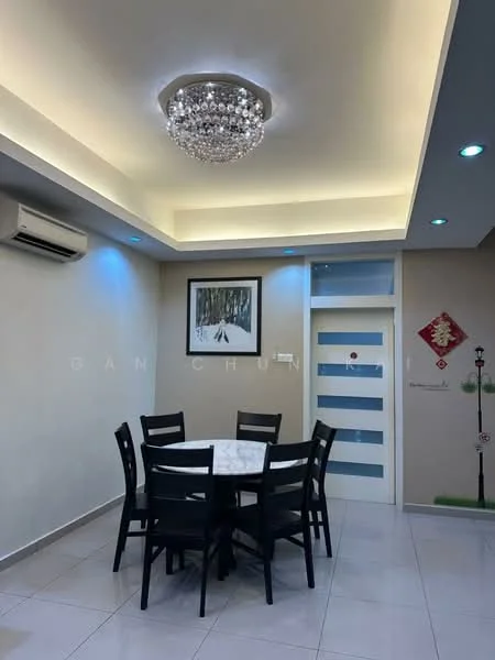 Dining features: round dining table with marble top, 6 black dining chairs, chandelier with crystal accents, recessed ceiling lights, wall-mounted air conditioning unit, cream painted walls, white tiled flooring, decorative wall art, feature wall with decorative elements; style: modern.