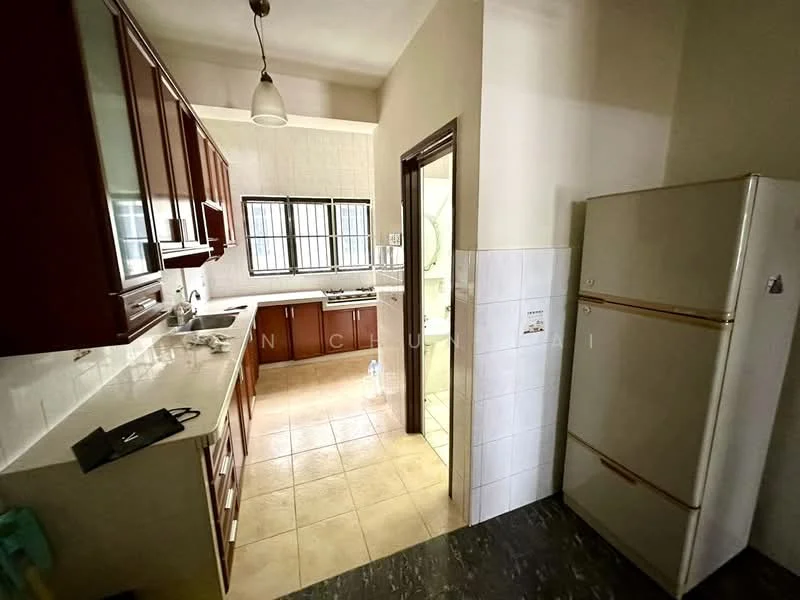 Kitchen features: brown wooden cabinetry, white countertop, stainless-steel sink, chrome pull-down faucet, built-in oven, freestanding fridge, ceramic tile flooring, wall-mounted light fixture, window with grid design, neutral painted walls; style: modern. Room features: tile flooring, neutral painted walls, doorway leading to bathroom.