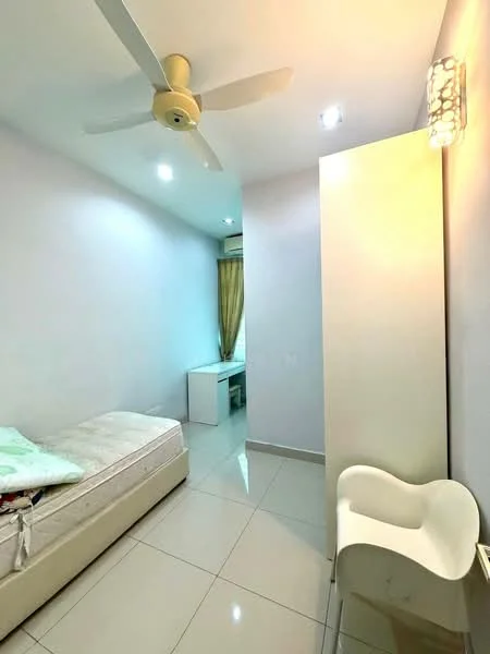 Bedroom features: single bed, 5-blade ceiling fan, white painted walls, tile flooring, window with sheer curtains, built-in desk, decorative wall light, light-colored bedding, white chair; style: modern.
