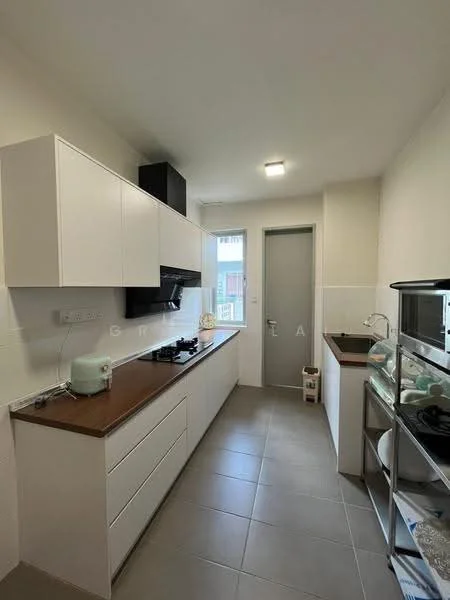 Kitchen features: white flat-panel cabinets, brown wooden countertop, black built-in oven, black cooktop, stainless-steel range hood, single-bowl stainless-steel sink, chrome pull-down faucet, grey ceramic tile flooring, recessed LED downlights, wall-mounted cabinet, door leading to utility area; style: modern.