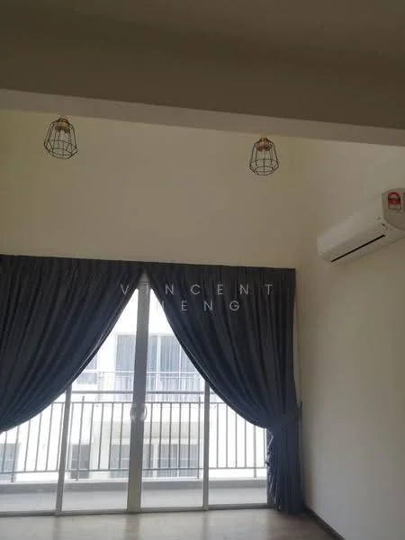 Room features: white painted walls, grey curtains, floor-to-ceiling sliding glass door, balcony view, 2 pendant lights, 1 wall-mounted split AC, concrete flooring; style: modern; view: city.