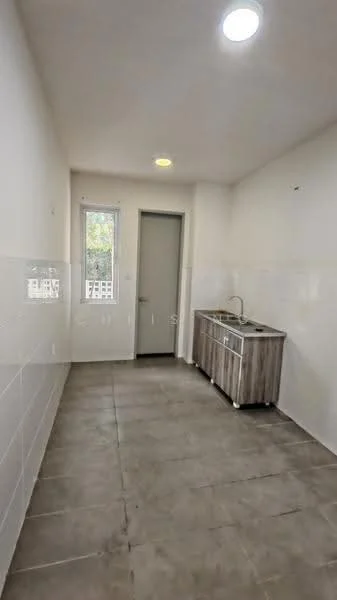Laundry features: grey tiled flooring, white painted walls, single-bowl stainless-steel sink, wooden cabinetry, window with view to outside, door leading to another room, ceiling lights; style: modern.