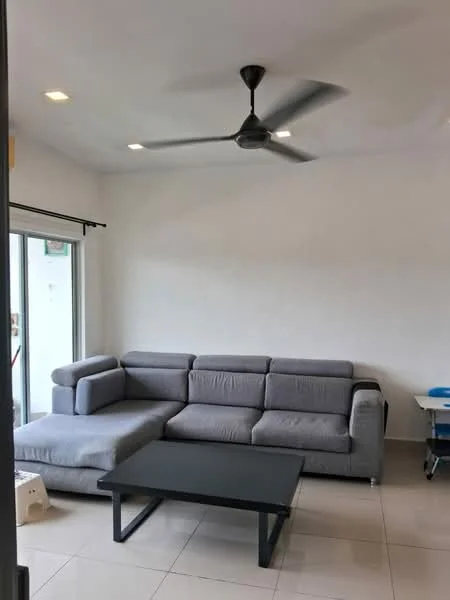 Living features: grey fabric L-shape sectional sofa, black coffee table, white walls, recessed downlights, 5-blade ceiling fan, large sliding glass door, tile flooring, window treatments not visible; style: modern.