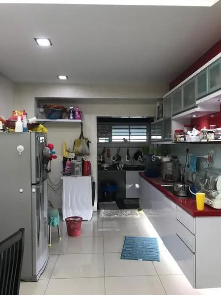 Kitchen features: stainless-steel fridge, white washing machine, red countertop, grey cabinetry with glass fronts, open shelving, ceramic tile flooring, recessed ceiling lights, sink, window with horizontal slats, blue area rug; style: modern.