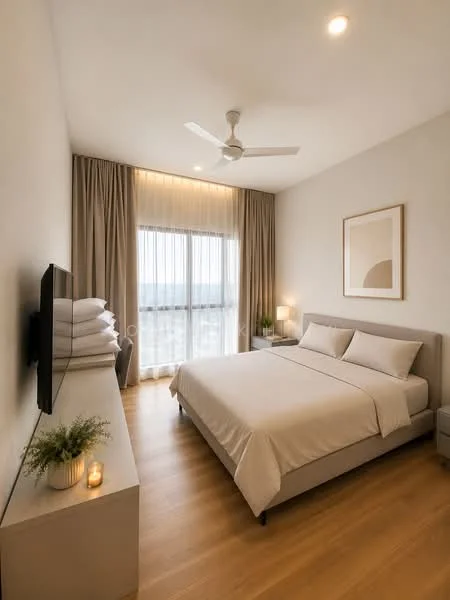 Bedroom features: king-size bed with light bedding, upholstered headboard, 2 bedside tables, wall-mounted TV, 5-blade ceiling fan with light, floor-to-ceiling windows, sheer curtains, wooden flooring, decorative plant on bedside table, framed artwork on wall, candle on bedside table; style: modern; view: city.