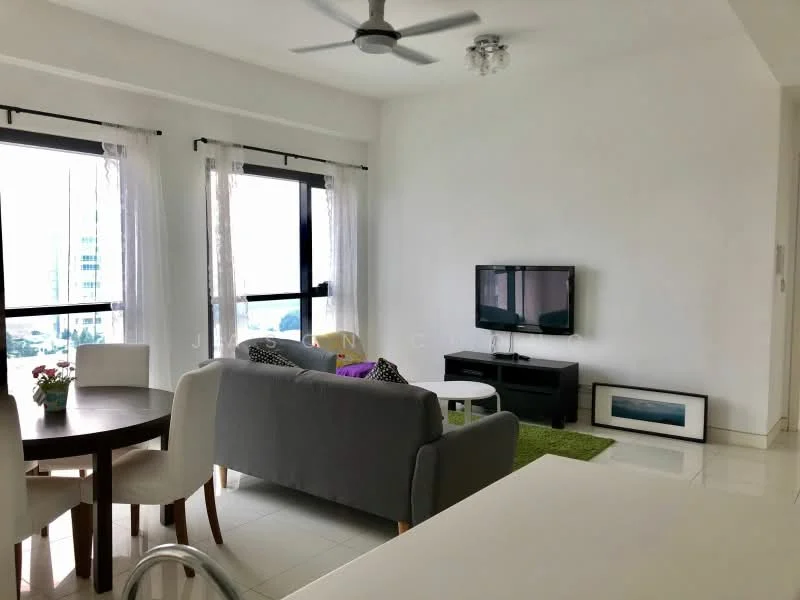 Living features: 3-seater fabric sofa in grey, coffee table, wall-mounted TV, area rug in green, floor-to-ceiling windows, sheer curtains, ceiling fan with light, decorative plants, white painted walls, tile flooring; style: modern; view: city. Dining features: round dining table, 4 upholstered dining chairs, white painted walls, tile flooring; style: modern; view: city.