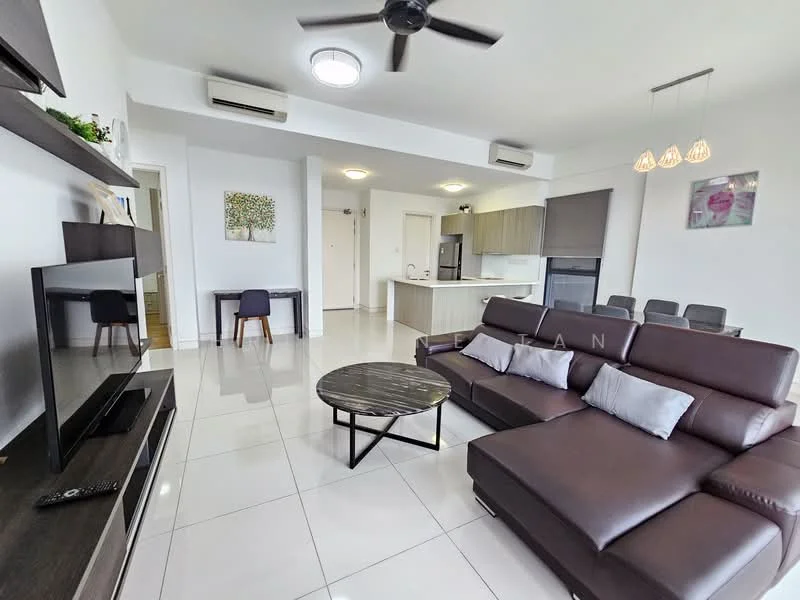 Living features: L-shape sectional sofa in dark brown leather, coffee table with round black top, wall-mounted TV, TV console, recessed downlights, 5-blade ceiling fan with light, white painted walls, large windows with natural light, tile flooring, decorative wall art, open layout to kitchen and dining area; style: modern.