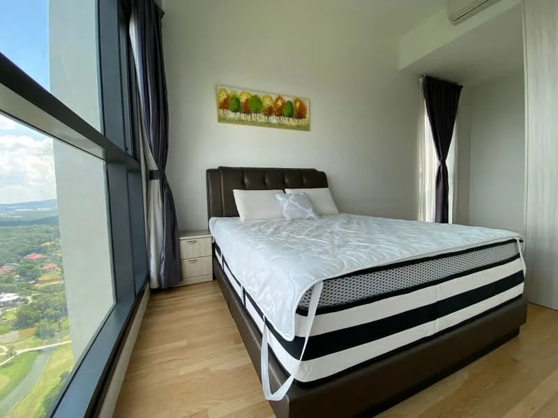 Bedroom features: king-size bed with upholstered headboard, white bedding with decorative pillows, wooden flooring, floor-to-ceiling windows, blackout curtains, nightstand with drawer, decorative wall art, air conditioning unit; style: modern; view: city.